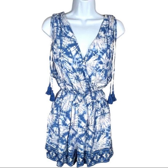 Bepop Blue/White Tie dye romper with tassels size S - Picture 2 of 9
